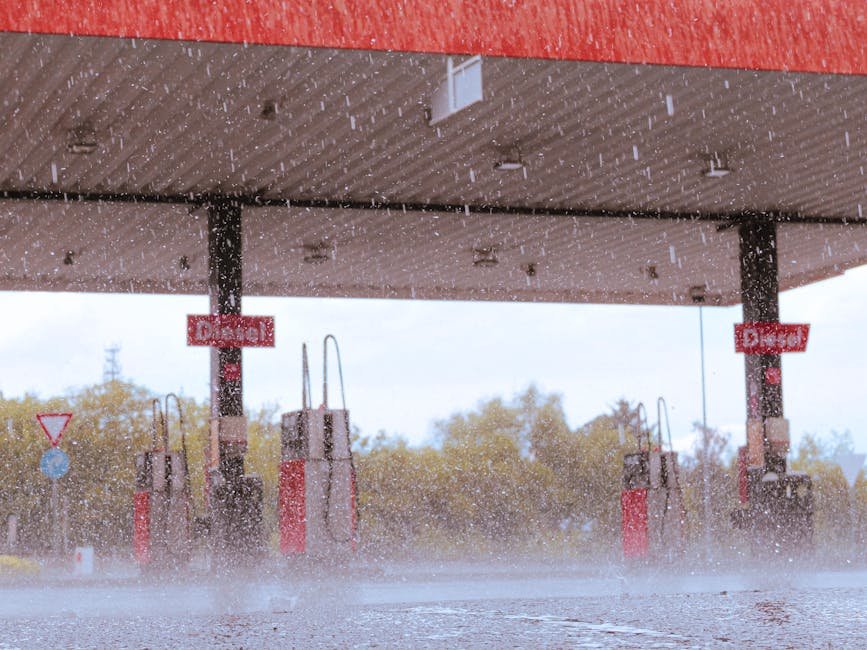 A gas station during a rainy day